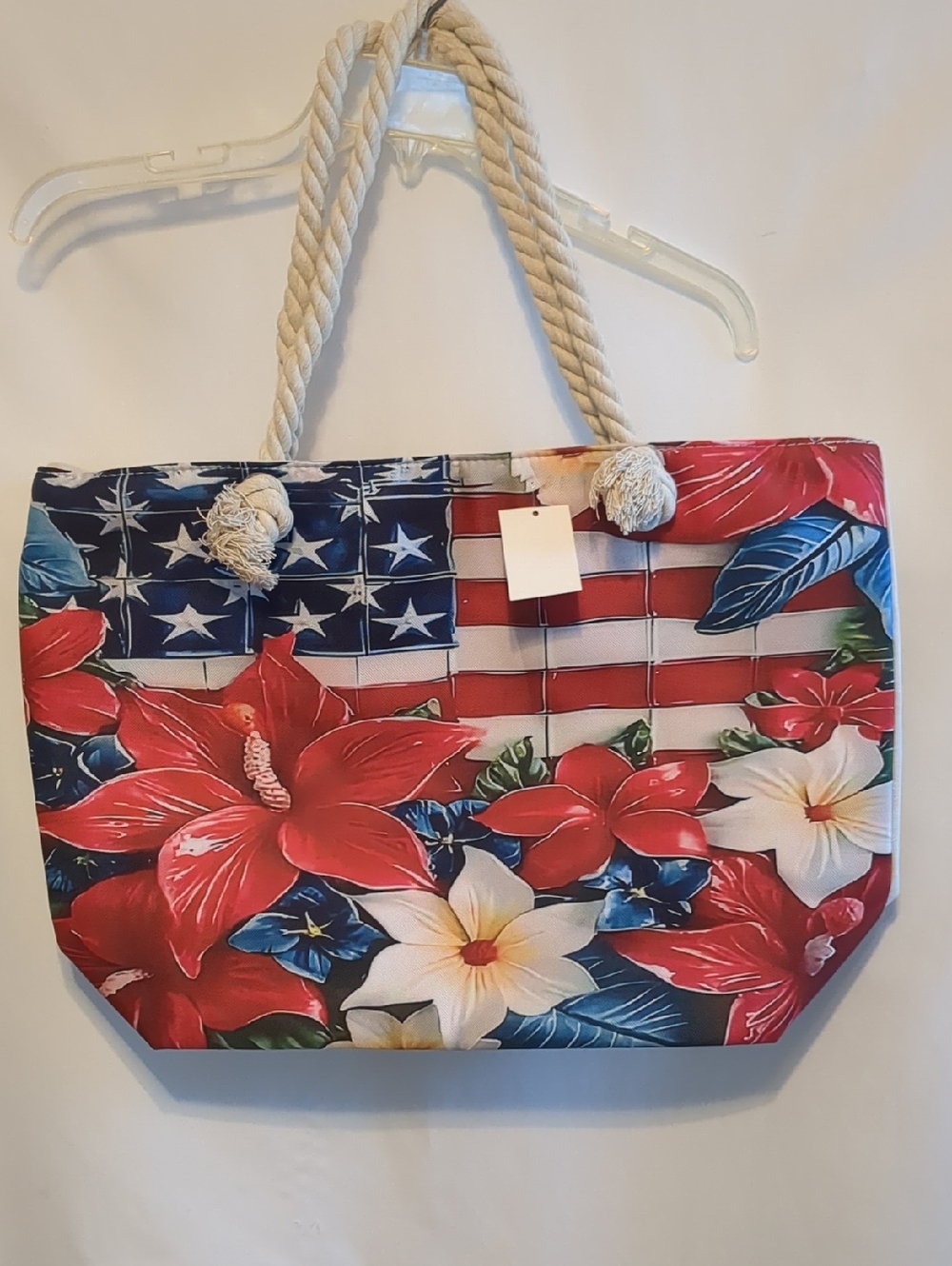 America  Flag Themed Floral Oversized Canvas Tote Bag With  Rope Handles